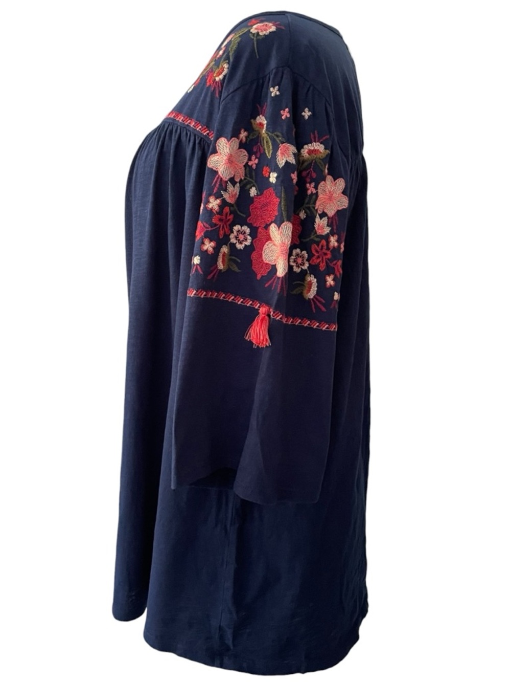 St. John's Bay Navy Tunic, Pink & Red Floral Embroidery, 3/4 sleeve, Tassels XXL - Picture 3 of 9